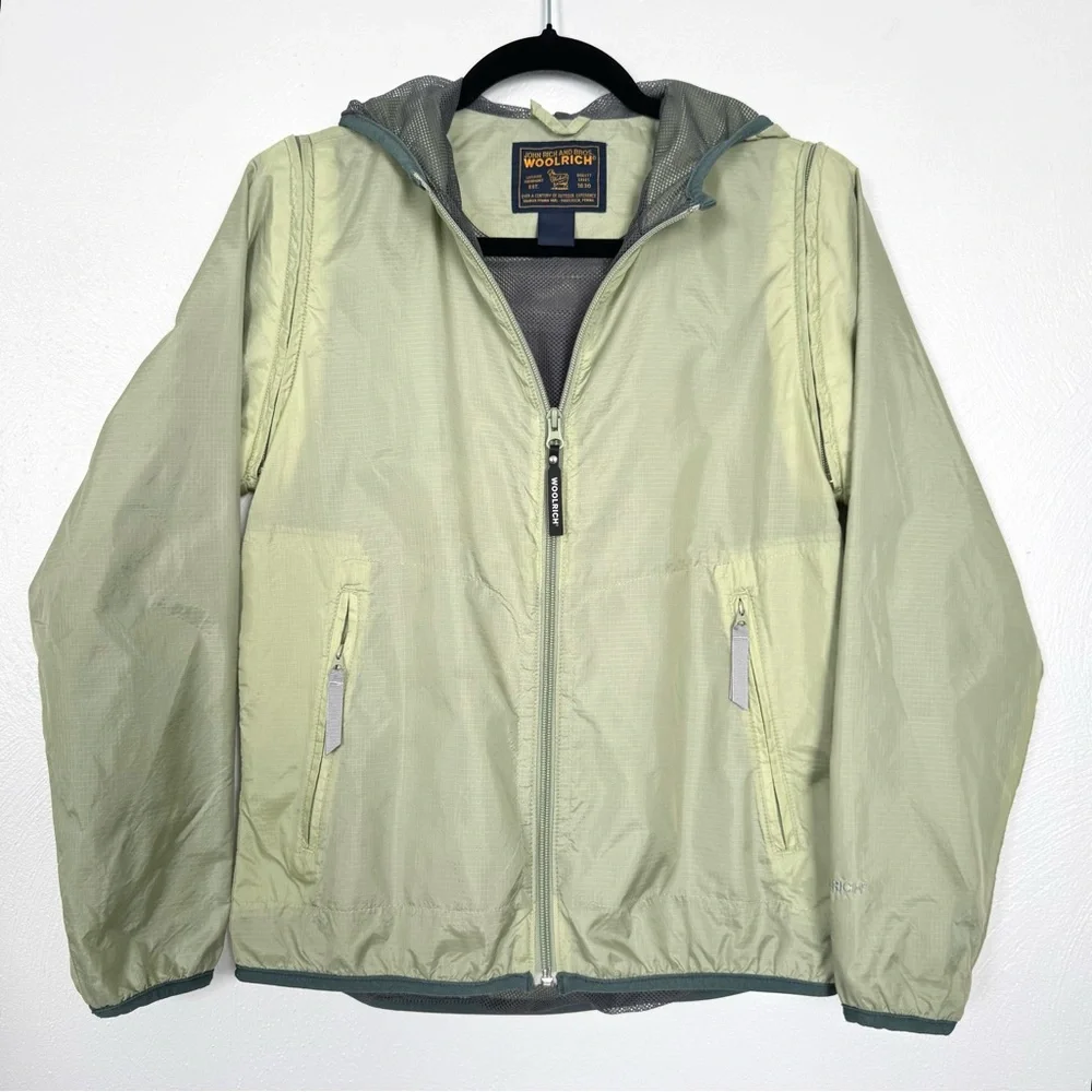 Woolrich Jacket Women Small Green Nylon Windbreaker Removable‎ Sleeves Outdoor